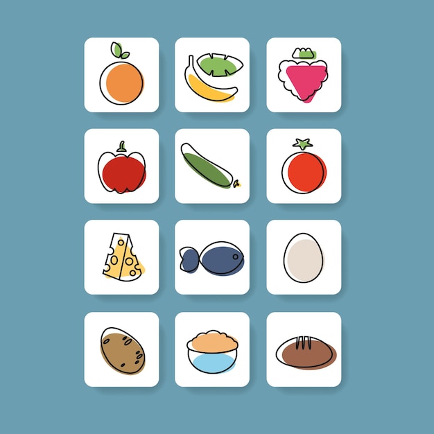 Set of colorful fruit and vegetable square button icons for app healthy nutrition Vector illustration Colorful outline web elements