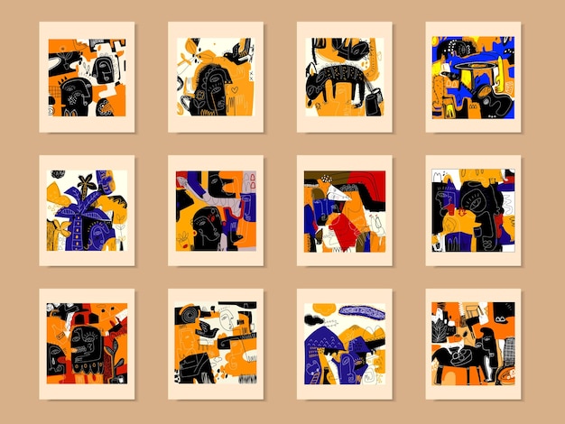 カラフルな幾何学的な抽象的な手描きベクトル イラスト背景デザインのセット