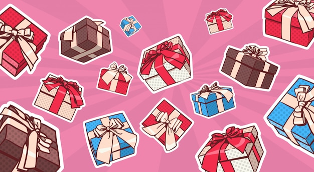 Vector set of colorful gift box pop art retro style of presents with ribbon and bow on dots background