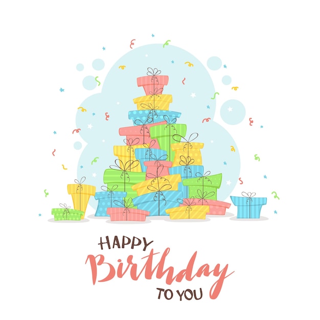 Set of Colorful Gift Boxes and Lettering Happy Birthday on Holiday White Background