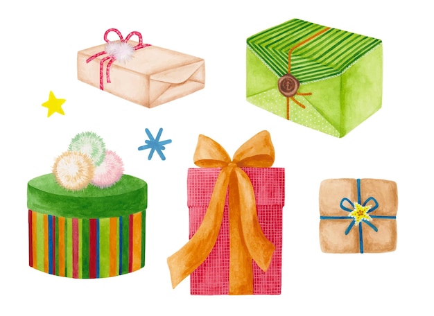 Vector set of colorful gift boxes painted in watercolor