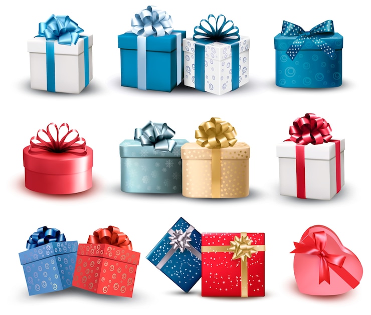 Vector set of colorful gift boxes with bows and ribbons