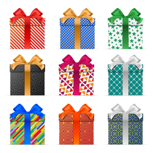 набор красочных подарочных коробок с различными узорами упаковки.