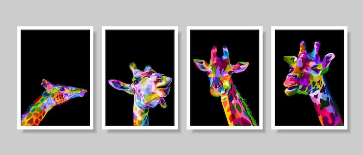 Vector set of colorful giraffe head on pop art.