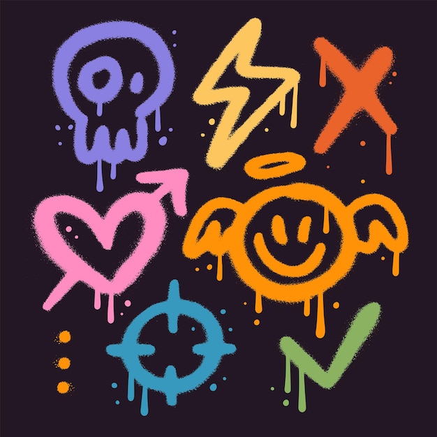 Set of colorful graffiti spray simple elemets set collection of symbols heart cross thunder angel sk