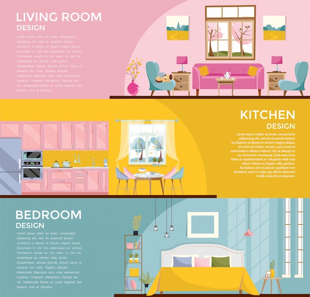 Set of colorful graphic room interiors living rooms with sofa, window, armchair, bedroom with bed kitchen, dining room. 3 Banners with furniture for rooms of house. Flat cartoon  illustration