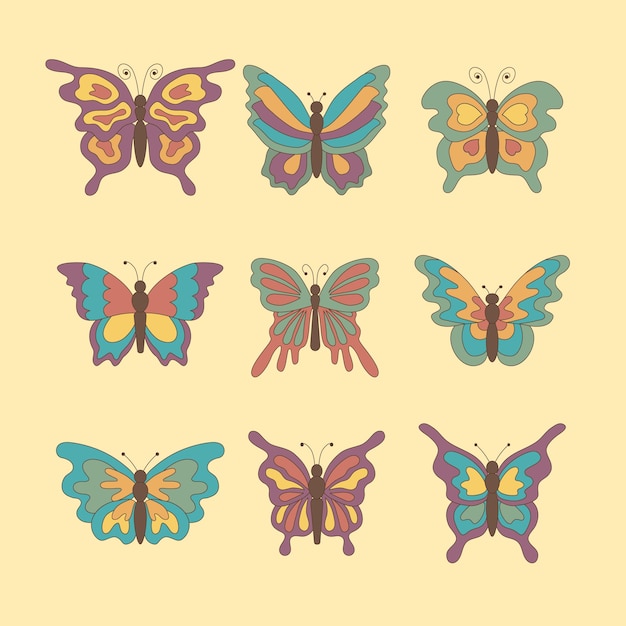 ベージュ色の背景に 70 年代のレトロなスタイルのカラフルなグルーヴィーな蝶のセットです。