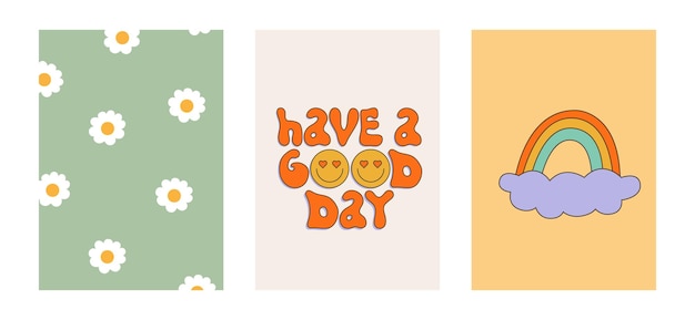 Set of colorful groovy posters in 70s and 60s hippy style flowers emoji rainbow and positive text