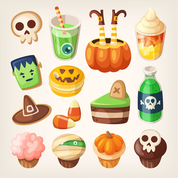 Vector set of colorful halloween party snacks and treats for children. sweets, cakes, muffins and cookies.