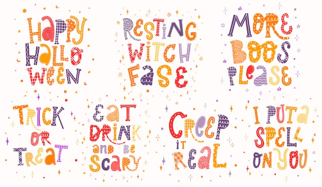 set of colorful Halloween quotes