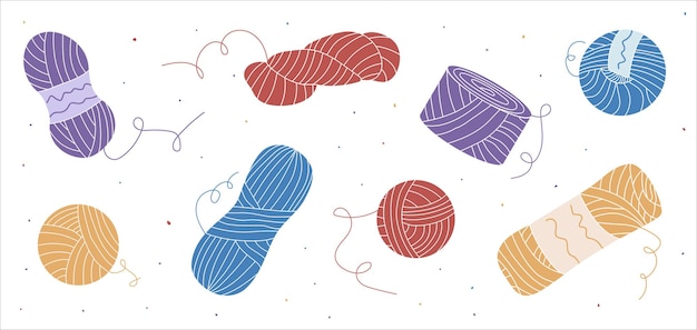 Набор красочных нарисованных вручную клубков пряжи для вязания спицами или крючком Векторная плоская иллюстрация