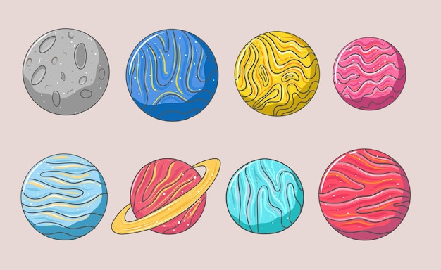Vector set of colorful hand drawn different abstract planet designs
