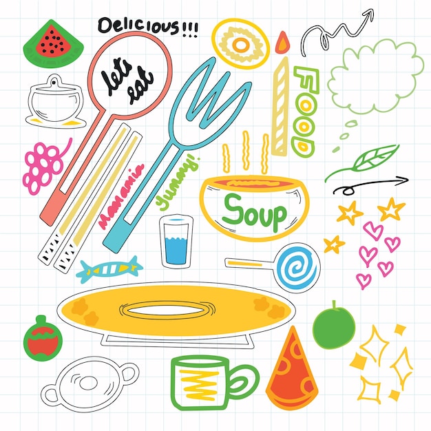 set of colorful hand drawn doodle food elements concept for decoration