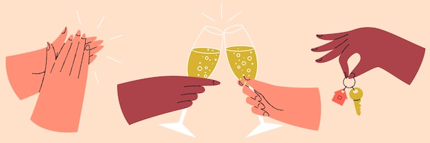 Vector set of colorful hands holding different objects hands with key champagne applause