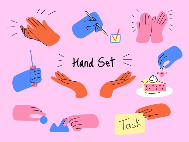 Vector set of colorful hands with different gestures vector flat illustration
