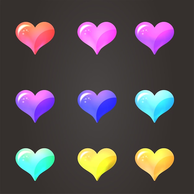 Set of colorful hearts isolated on black background