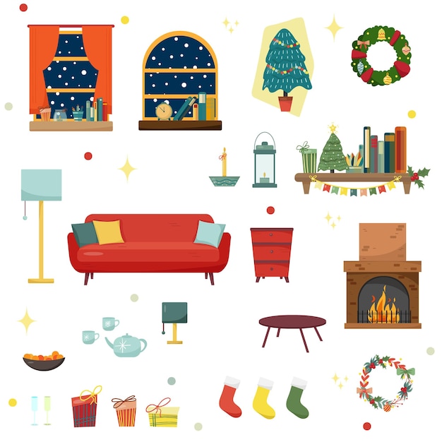 Vector set of colorful holiday interior design in house rooms with furniture icons