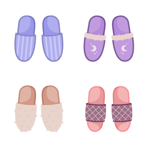 Set of colorful house slippers in flat cartoon style