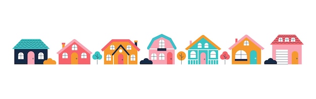 Набор красочных домов городской пейзаж маленький городок Векторная плоская иллюстрация