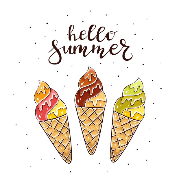 Set of colorful Ice cream in waffle cone on white background and text Hello Summer illustration