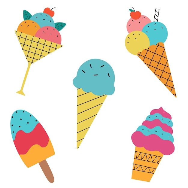 Набор красочных мороженого на белом фоне. Векторная иллюстрация