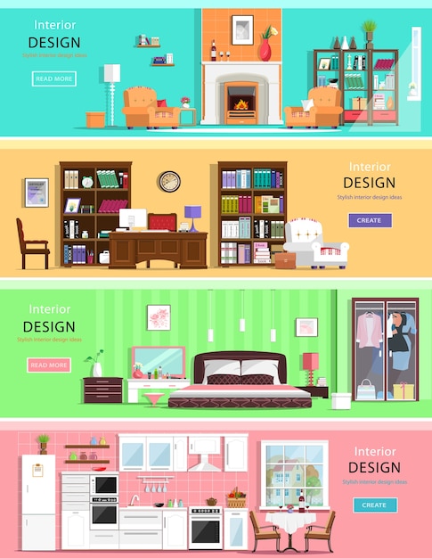 Set of colorful  interior  house rooms with furniture icons: living room, bedroom, kitchen and home office.    illustration.