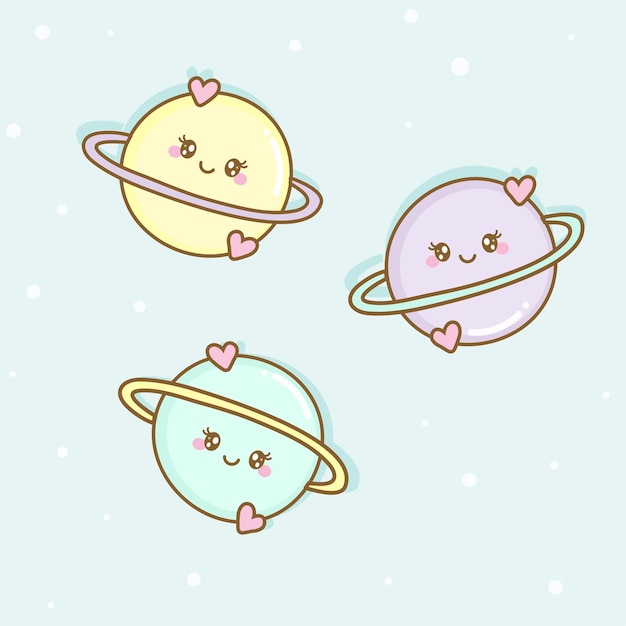 set of colorful kawaii cute planets in space