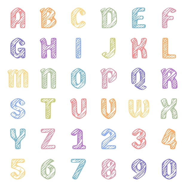 Un insieme di lettere e numeri colorati in stile scarabocchio. scarabocchio alfabeto clipart vettoriali.