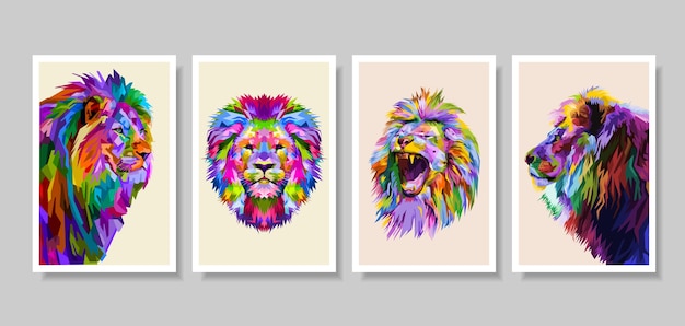 Set of colorful lion head on pop art style.