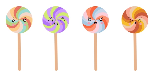 A set of colorful lollipops on a stick in the style of kawaii Vector illustration on a white background