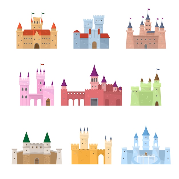 Vector set of colorful medieval fairy tale princess castle