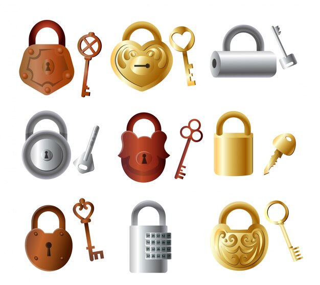 Set of colorful metal padlock with keys, gold color