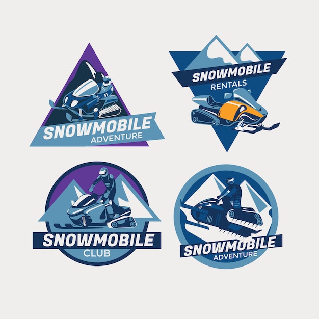 Set di emblemi colorati moderni motoslitte invernali, badge