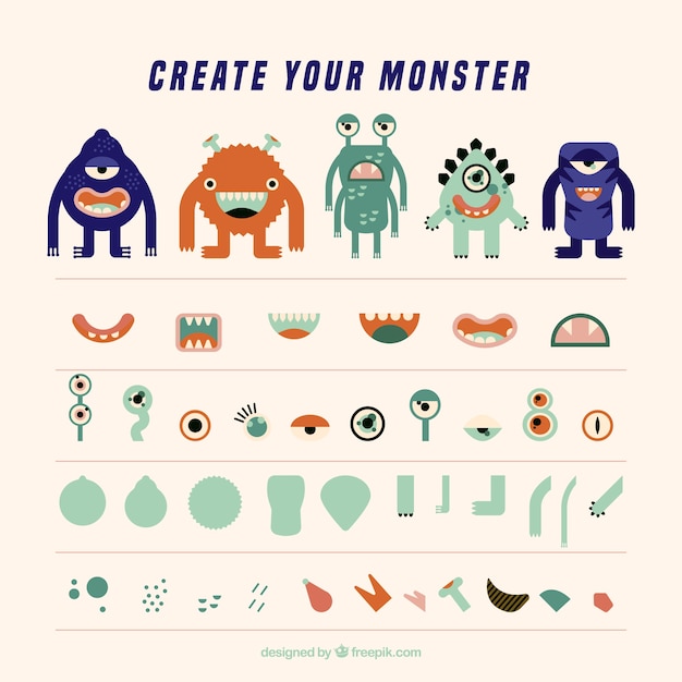 Set of colorful monsters in flat style