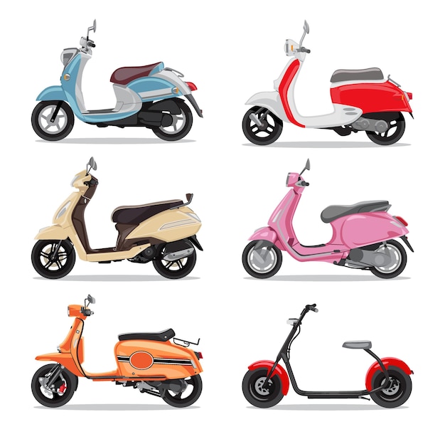 Set of colorful moped in flat style side view