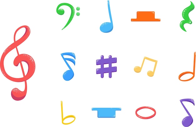 Set of colorful musical note vector flat design isolated in white background