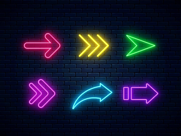 Vector set of colorful neon arrows, web icons. neon arrow signs collection.