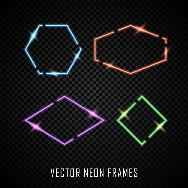 Set of colorful neon frames on dark background. illuminated geometric shapes