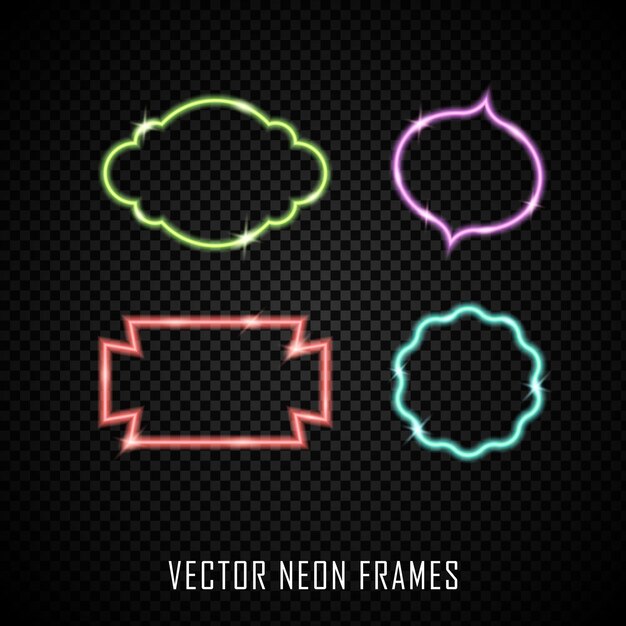 Vector set of colorful neon frames on dark background. illuminated geometric shapes