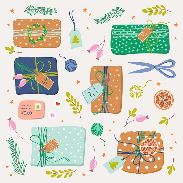 Set di regali di imballaggio colorati. scatole regalo con carta da regalo, nastro di spago e decorazioni vegetali.