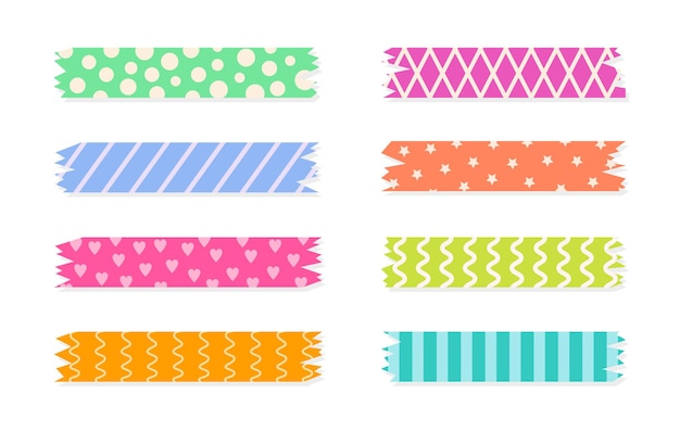 Set of colorful patterned washi tape strips Cute decorative scotch tape isolated