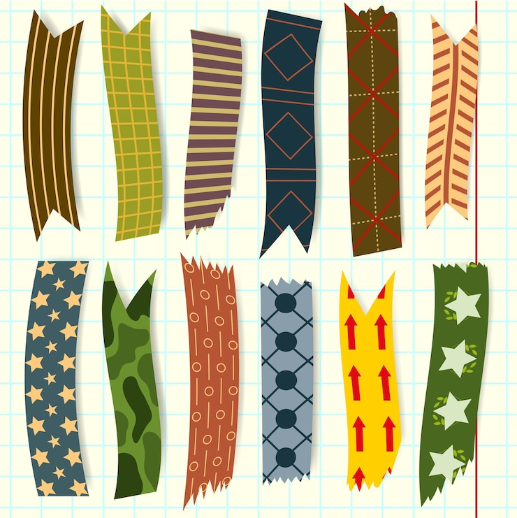 Vector set of colorful patterned washi tape strips with strictly pattern.