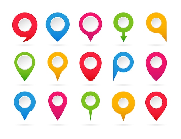 Set of colorful pointers. collection of map markers. navigation and location icons.