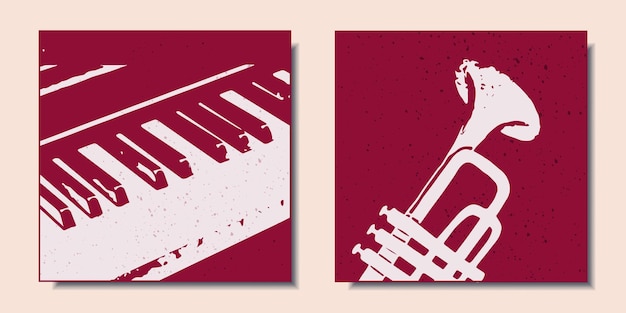 A set of colorful posters with musical instruments such as piano and saxophone modern art