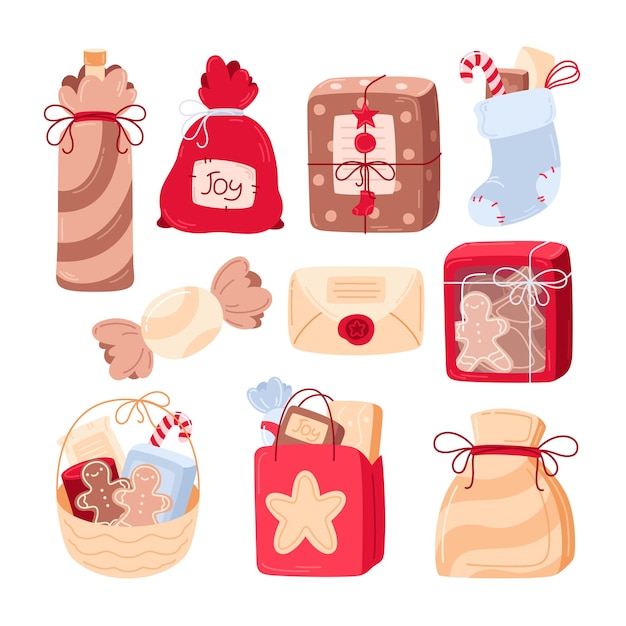 Set di scatole regalo e regalo colorate di diverse forme. decorazione festiva
