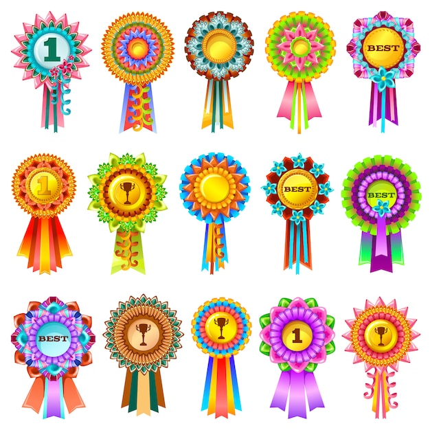 Set of colorful prize rosettes.