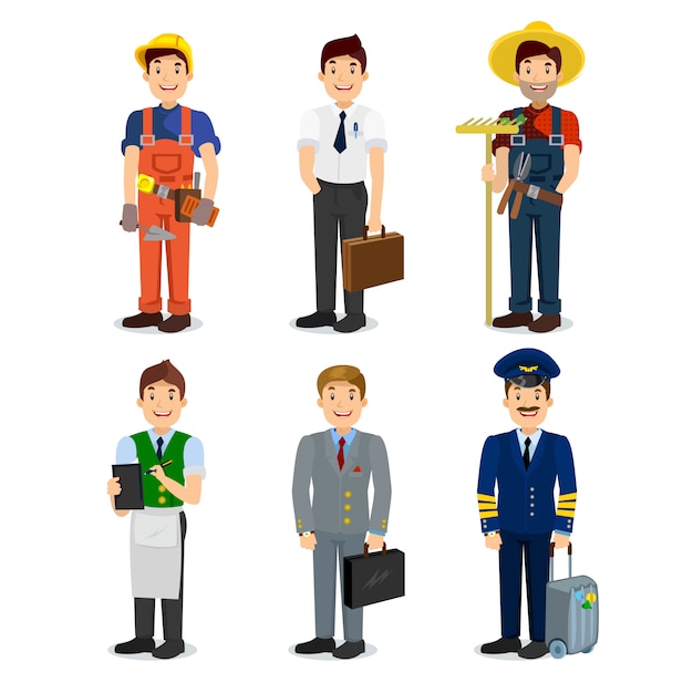 Set di icone di stile piano uomo colorato professione pilota, uomo d'affari, costruttore, cameriere, agricoltore, manager.