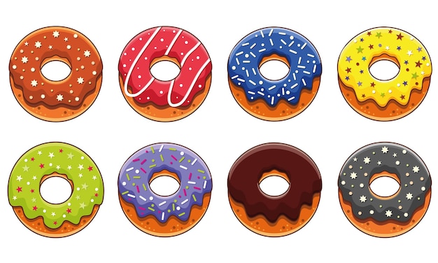 Set of colorful rainbow donuts with icing and topping illustrations of flat donuts