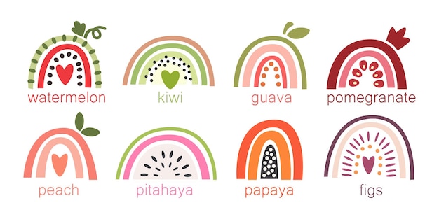 Set di arcobaleni colorati disegnati come illustrazioni di frutta su sfondo bianco