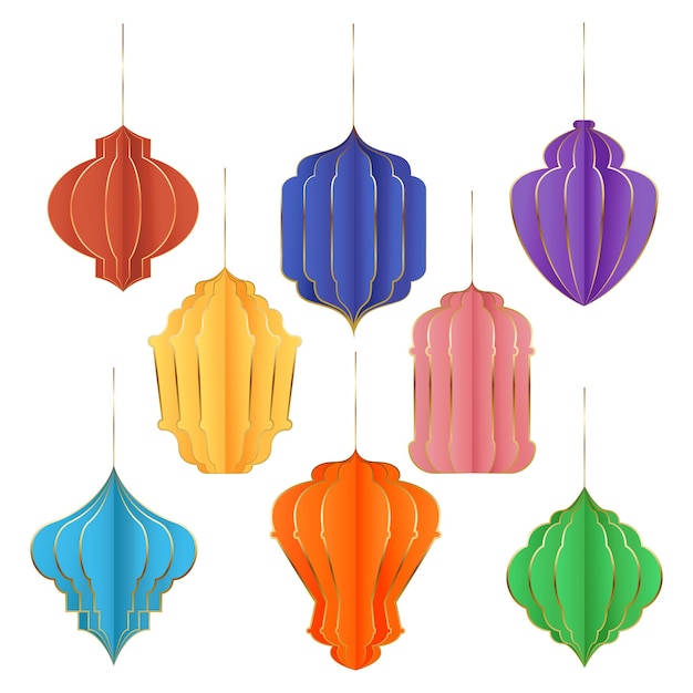 Set of colorful ramadan lantern paper cutout style